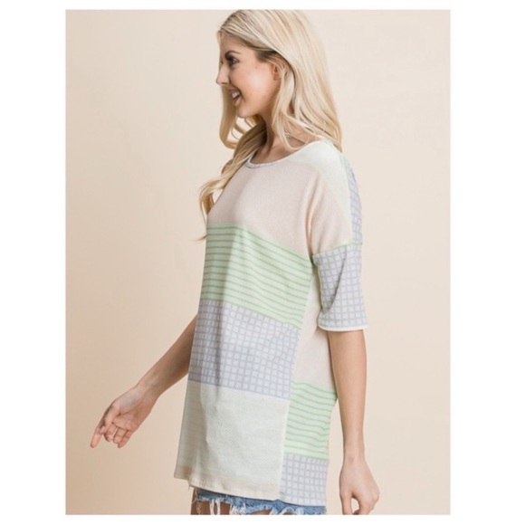 (48)New Waffle Knit Pastel Color Block Short Sleeve Casual Top - Picture 2 of 3